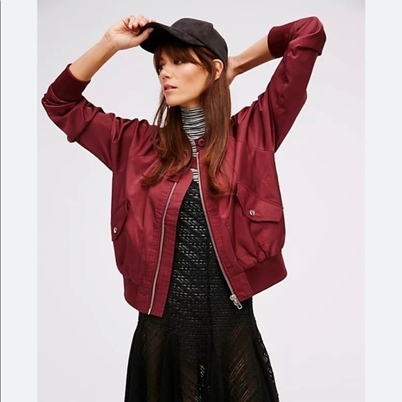 Free People Midnight Bomber Jacket Wine Maroon Full Zip Up Size M - Picture 1 of 9